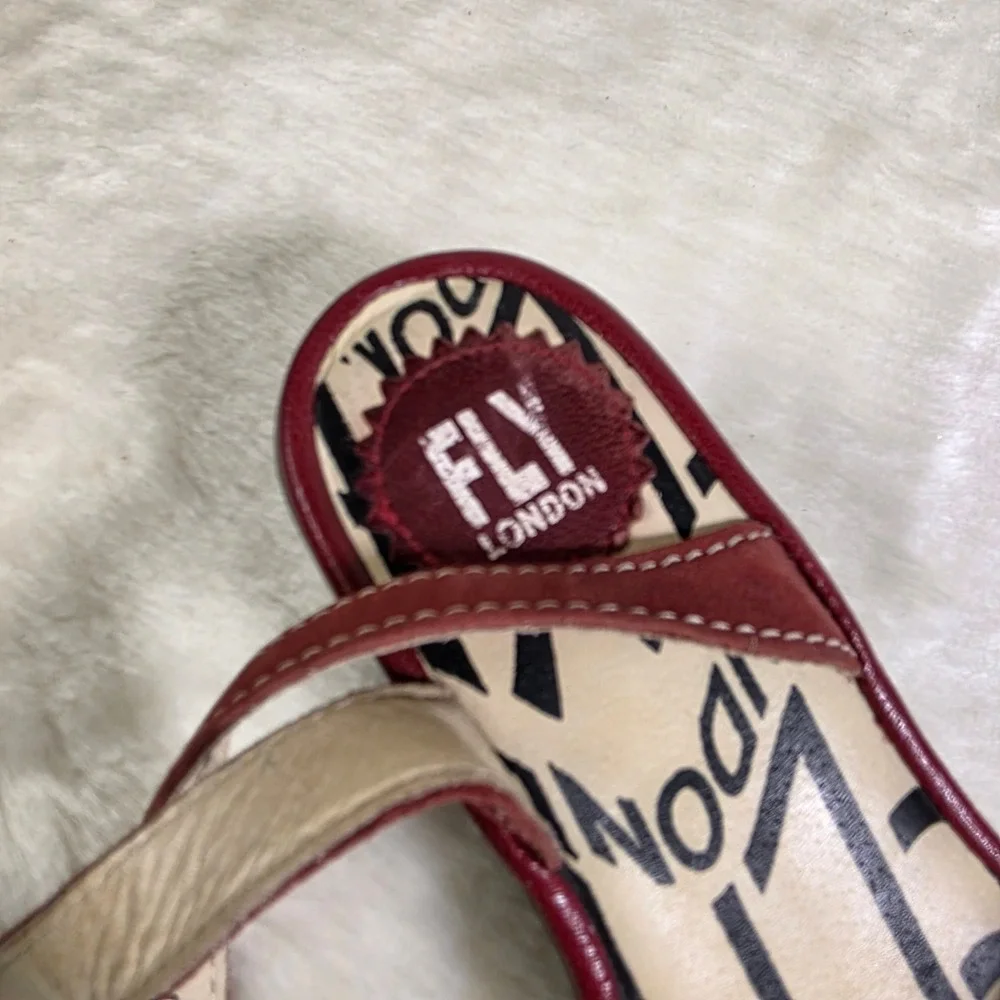 Fly London Yala Wedge Sandals Red Leather Peep Toe Ankle Strap Womens 37 6 6.5